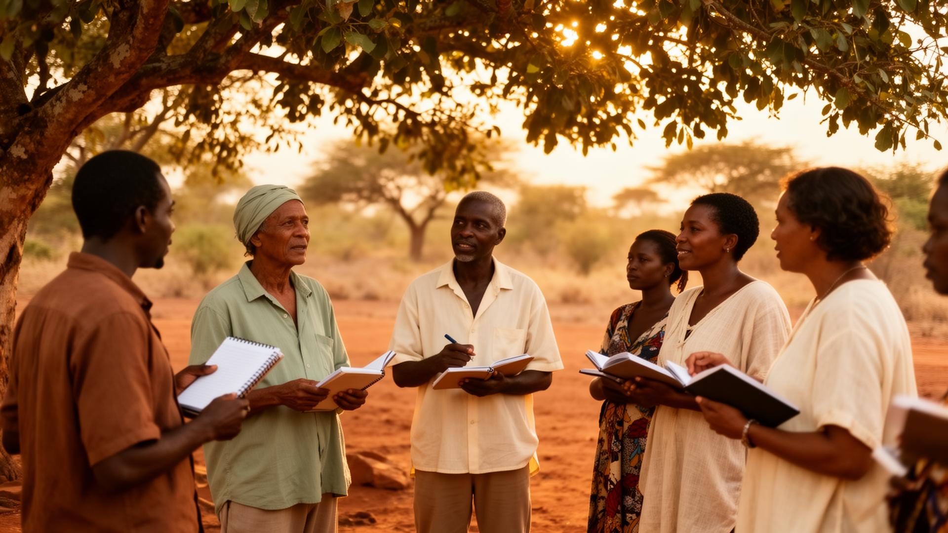 Community gathering under trees during a field engagement