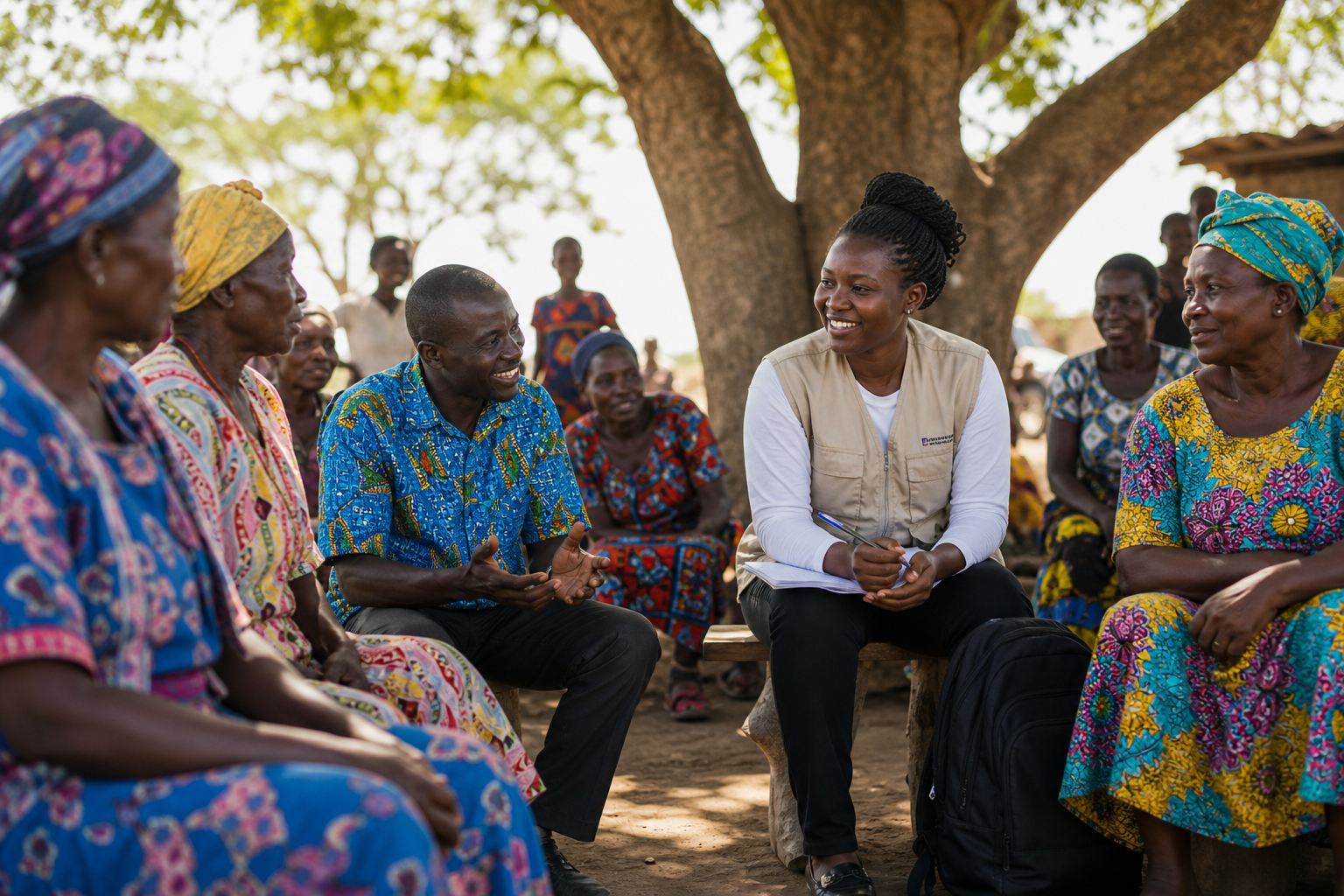 Community gathering under trees during a field engagement