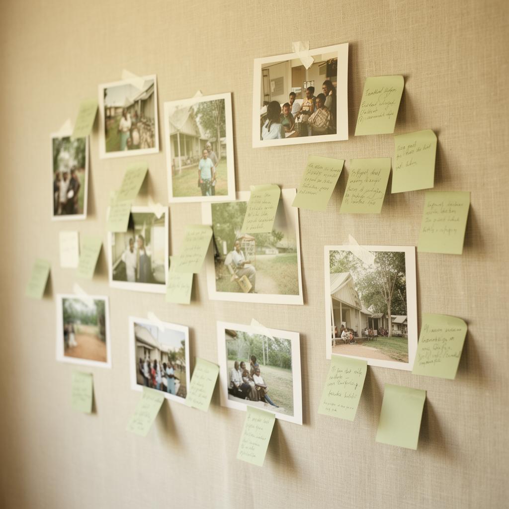 Photovoice photographs and field notes pinned to a linen wall